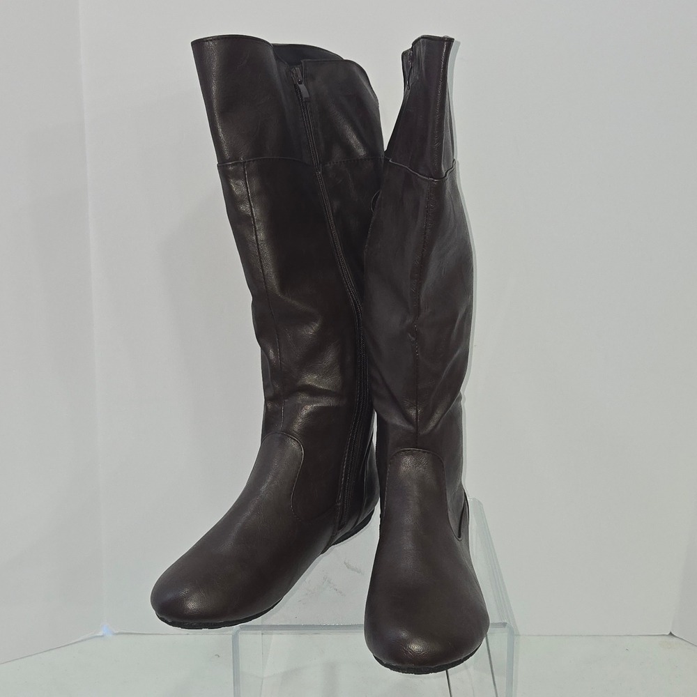 Kalli Womens Size 10 Brown Faux Leather Tall Slouch Boots Lace Up Back Flat Sole